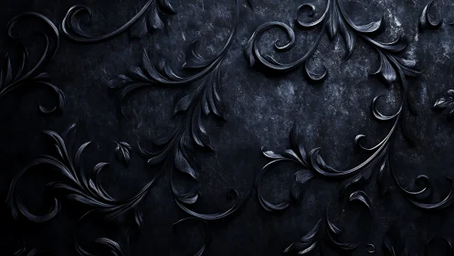 Dark ornamental floral relief on textured metal surface.