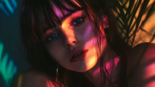 Neon daydream girl drenched in prismatic sunset shadows.