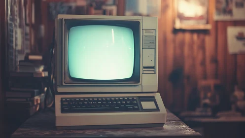 Cozy retro computer glowing softly in a wood paneled room.