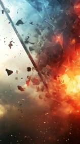 Digital painting of shattering elemental divide in motion.