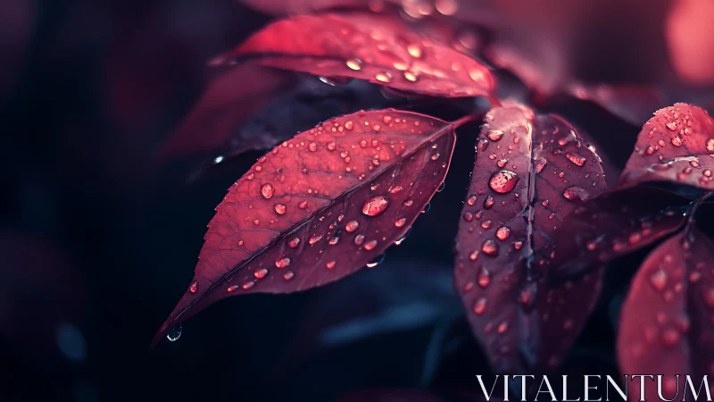 Macro optical study of crimson foliage with dew droplets.