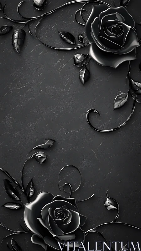 Sculptural Black Roses Against Textured Dark Surface.