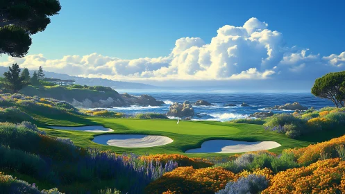 Coastal golf green under towering clouds and wildflowers.
