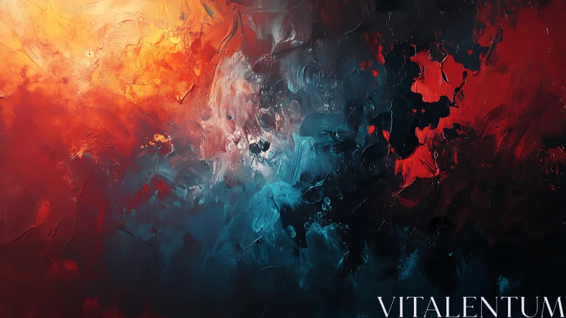Fiery and Cool Abstract Oil Painting with Bold Color Contrasts.