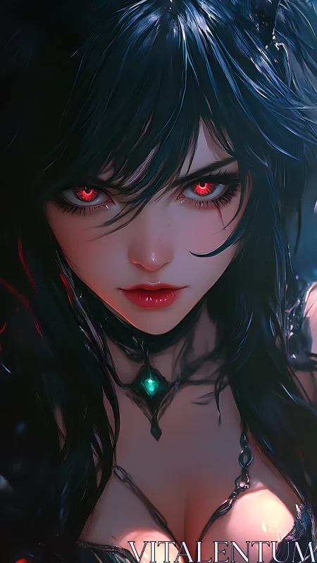 Digital portrait depicts close frontal view of red-eyed woman
