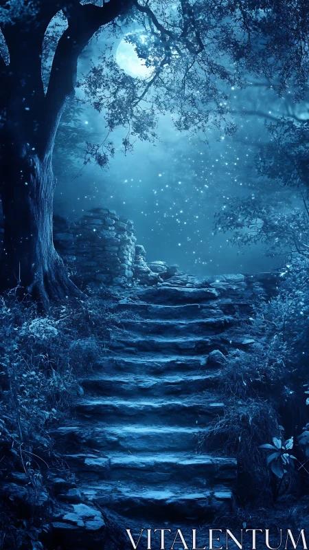 Lunar-illuminated stone stairway in spectral forest topology.