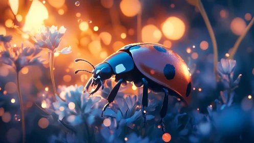 Ladybug on flowers against glowing bokeh lights.