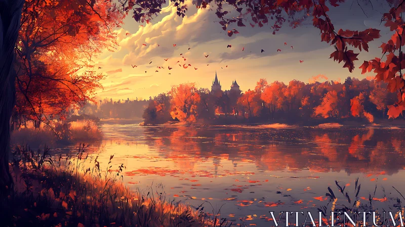 Digital landscape depicts autumn river and distant castle at dusk