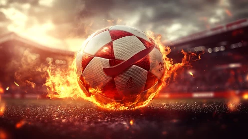 Blazing matchday soccer ball glowing with electric stadium fire.