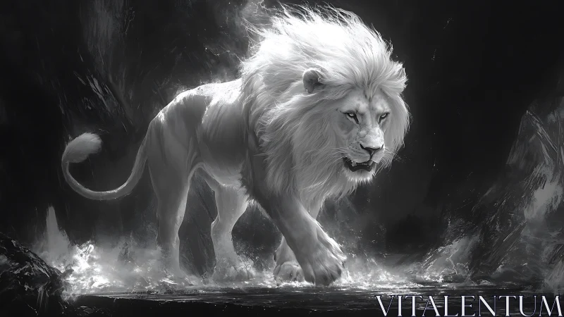 White lion strides through stormy waters in monochrome fury