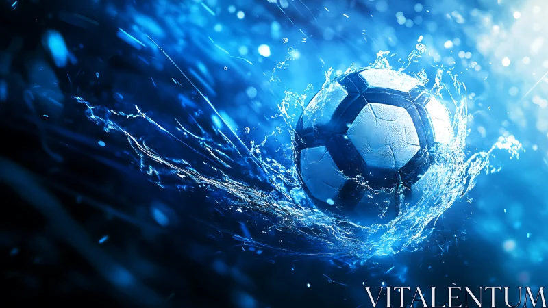 Soccer ball impacting blue liquid surface with dynamic splash.