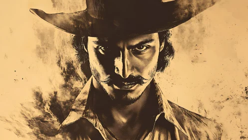 Sepia-toned gunslinger portrait uses dramatic chiaroscuro lighting