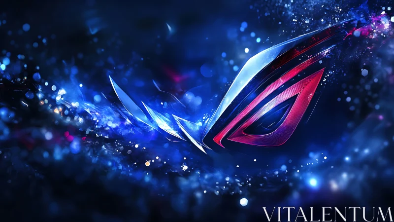 Futuristic neon emblem with dynamic blue particle vortex.