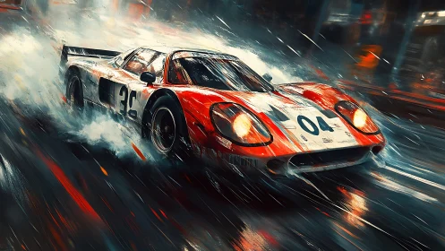 Dynamic wet-night racecar study in cinematic digital painting.