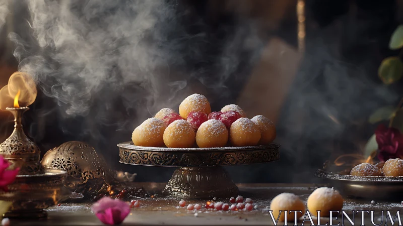 Steam-kissed festival sweets on an ornate golden stand.