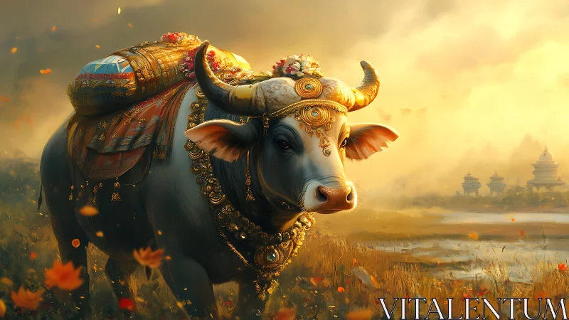 Ornate sacred water buffalo in misty sunrise wetland landscape