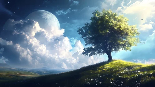 Lone hilltop tree under cosmic sky and luminous clouds.