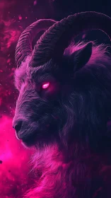 Horned goat profile glows with neon magenta eye light