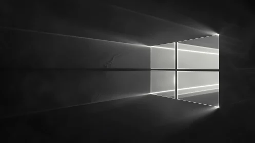 Glowing window-shaped light panels emit beams in dark space