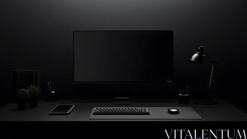 Minimalist black workstation glows under focused desk lamp.