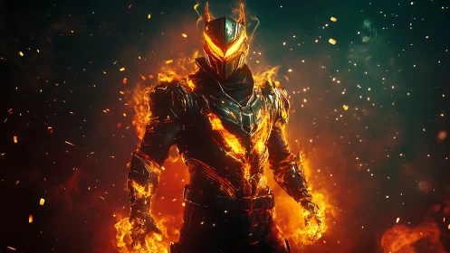 Armored fire warrior stands in sparks and glowing embers.