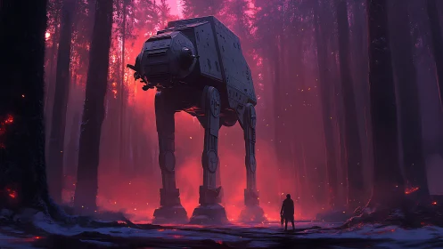 Colossal quadruped mech confronts lone figure in burning forest