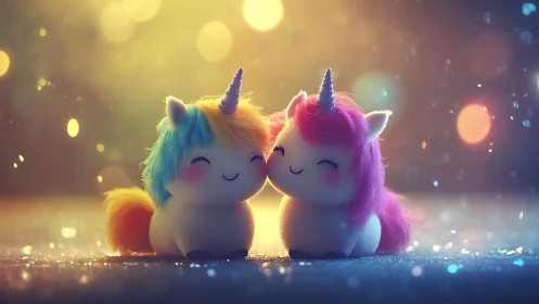 Starglow cuddle unicorns sharing rainbow sparkles of joy.