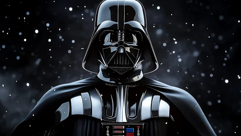 Black armored sci‑fi villain in dramatic snowy close‑up.