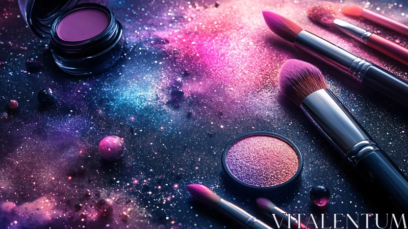 Cosmetic brushes on galaxy styled glitter background.