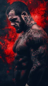 Tattooed combat physique in high-contrast crimson atmosphere.
