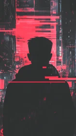 Silhouetted figure before red glitch urban backdrop.