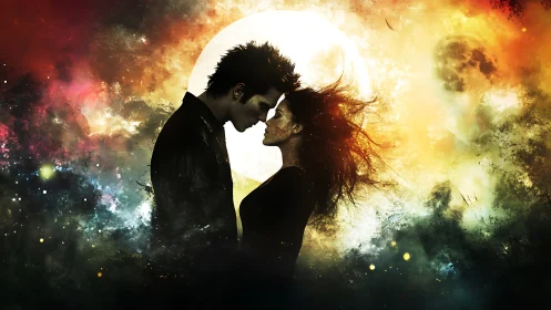 Silhouetted Couple Embracing Against Celestial Double Moon Backdrop
