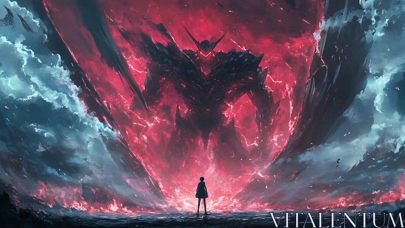 Silhouetted figure confronts colossal fiery demon entity.