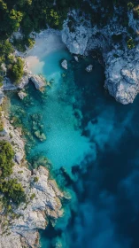 Turquoise cove hugs rocky coastline with secluded sandy beach