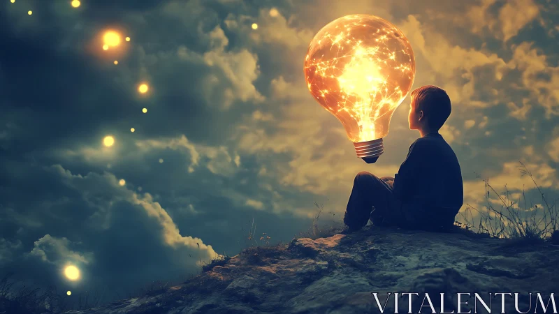 Child on cliff gazes at luminous networked lightbulb dreamscape.