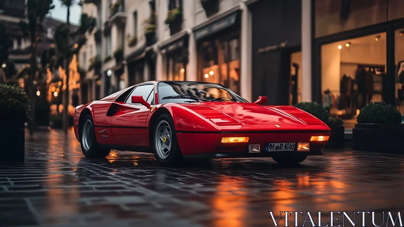 Red 1980s wedge supercar on wet cobblestone luxury street
