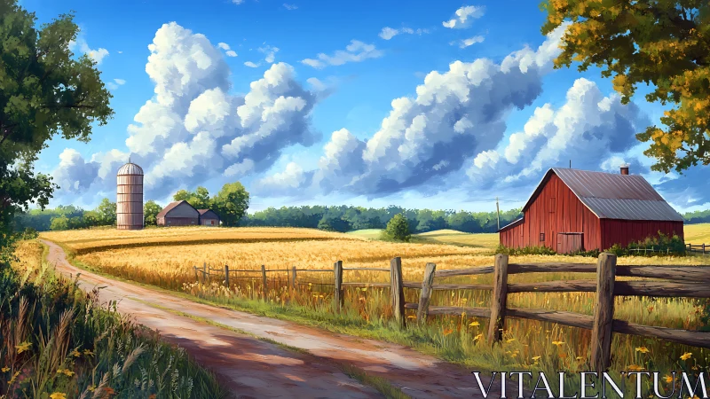 Golden farmland stretches under towering summer clouds