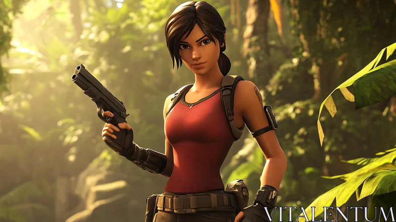 Tactical jungle explorer with sidearm in volumetric sunlight.