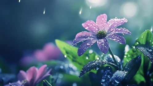 Raindrops choreograph nature's jeweled ballet across velvet petals