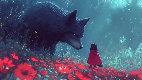 Red-hooded child confronts giant wolf in glowing forest.