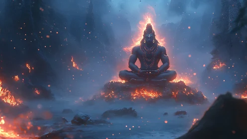 Fiery deity in tranquil meditation amid molten landscape.