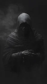 Hooded skeletal figure stands in dense shadowed smoke