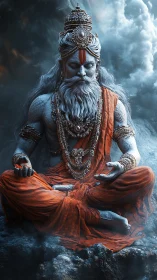 Monochrome ascetic yogi in dynamic orange robes amid storm clouds.