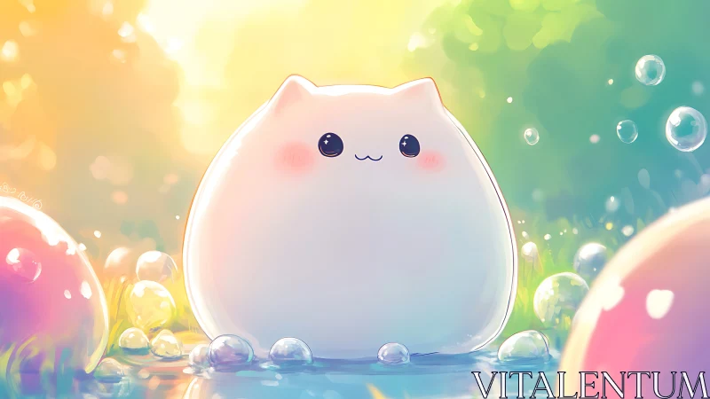 Sunlit pastel kitty blob in a dreamy bubble meadow.
