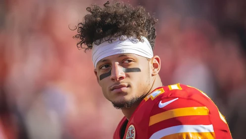 American football player in red uniform observed in warm sideline light