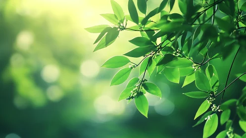 Sunlit Green Leaves with Soft Bokeh Background, Nature Photography.
