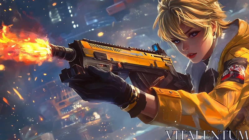 Armed blonde character firing rifle in urban night scene.
