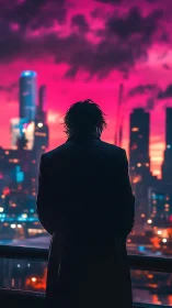 Lone city dreamer gazing into a glowing neon sunset sky.