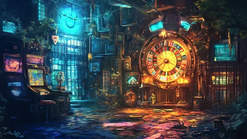 Cybernetic roulette atrium with neon casino decay dynamics.