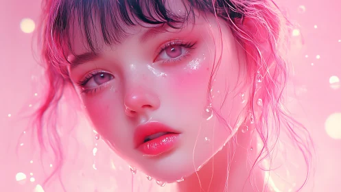 Hyperreal pink portrait renders dewy skin and glassy gaze